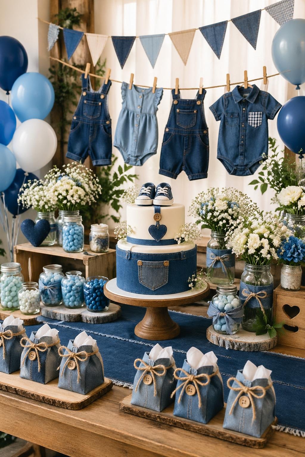 A baby shower setup with denim decorations, including baby clothes, balloons, a cake, and party favors arranged on a wooden table.