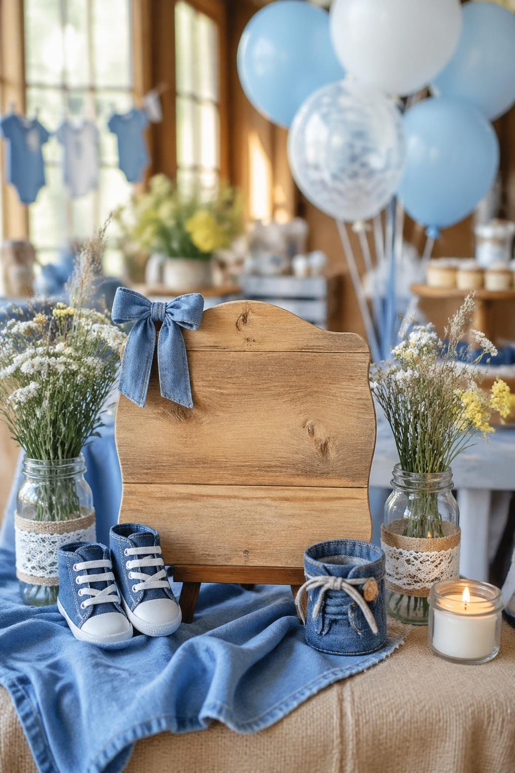 A wooden welcome sign on a table decorated with denim fabric, baby shoes, flowers, and balloons for a baby shower.