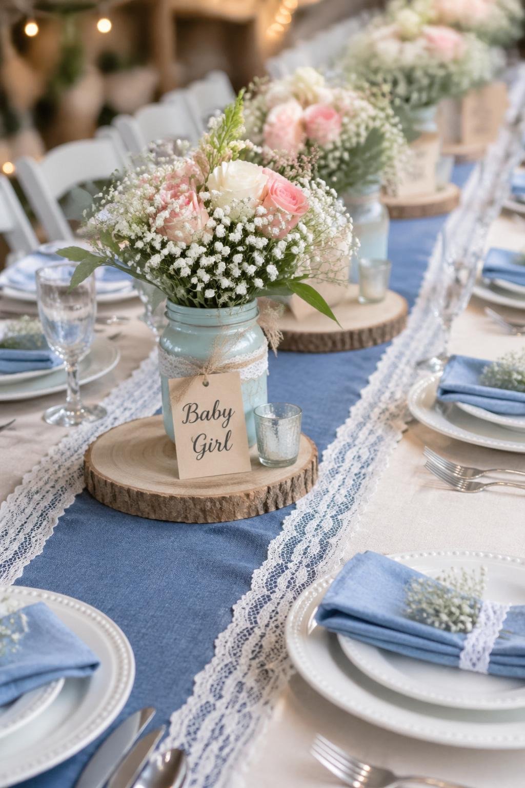 A table with a denim and lace runner decorated with flowers and baby shower items.