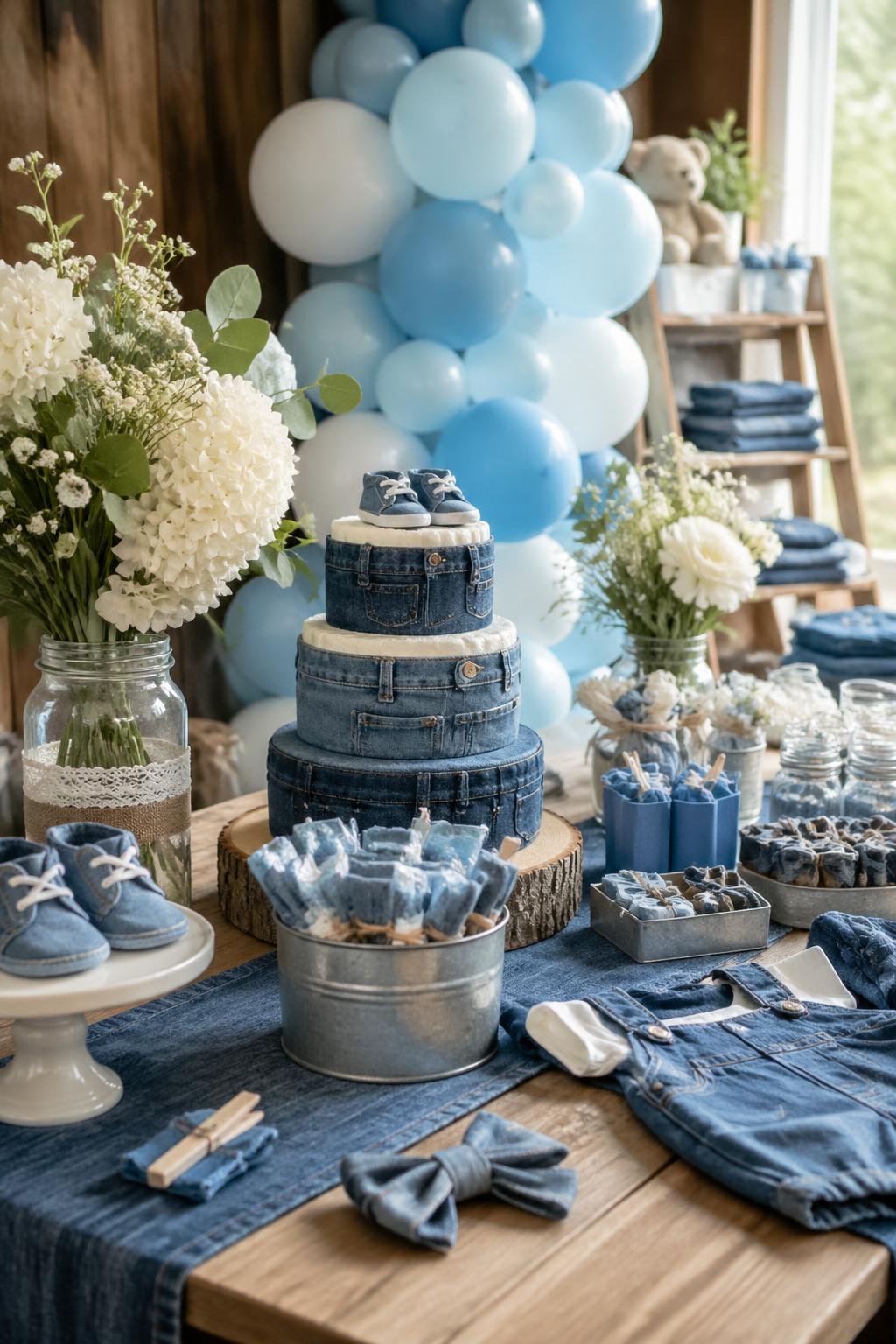 A baby shower setup with denim baby clothes, decorations, balloons, and a cake on a wooden table.