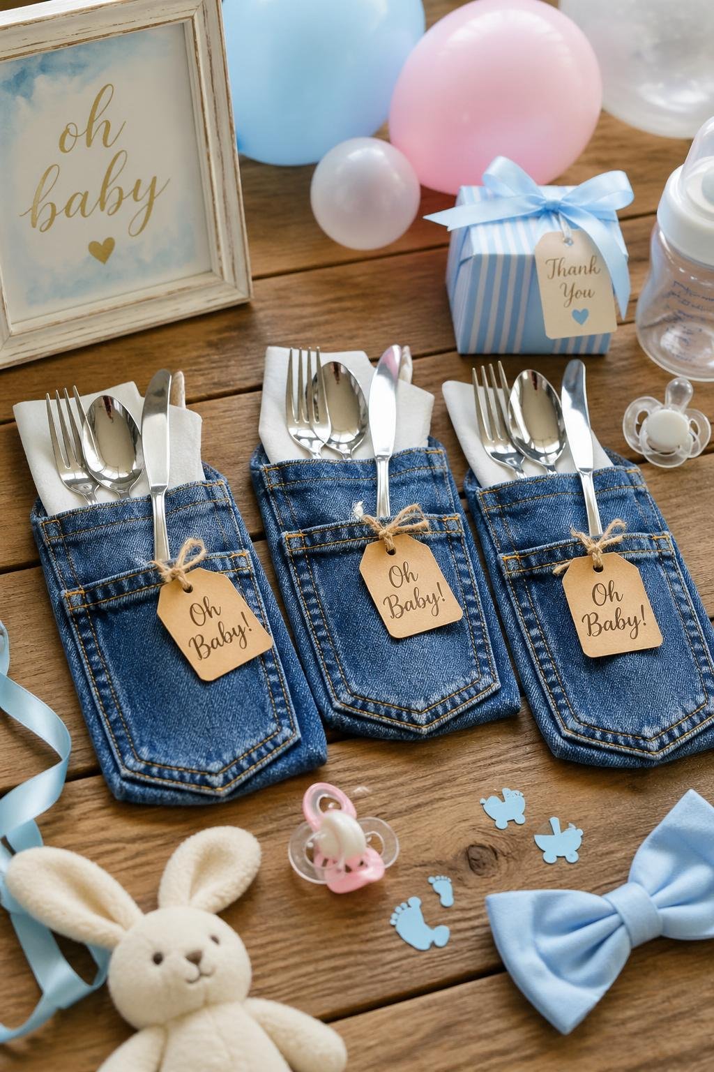 Denim pockets holding silverware arranged on a wooden table with pastel baby shower decorations around them.