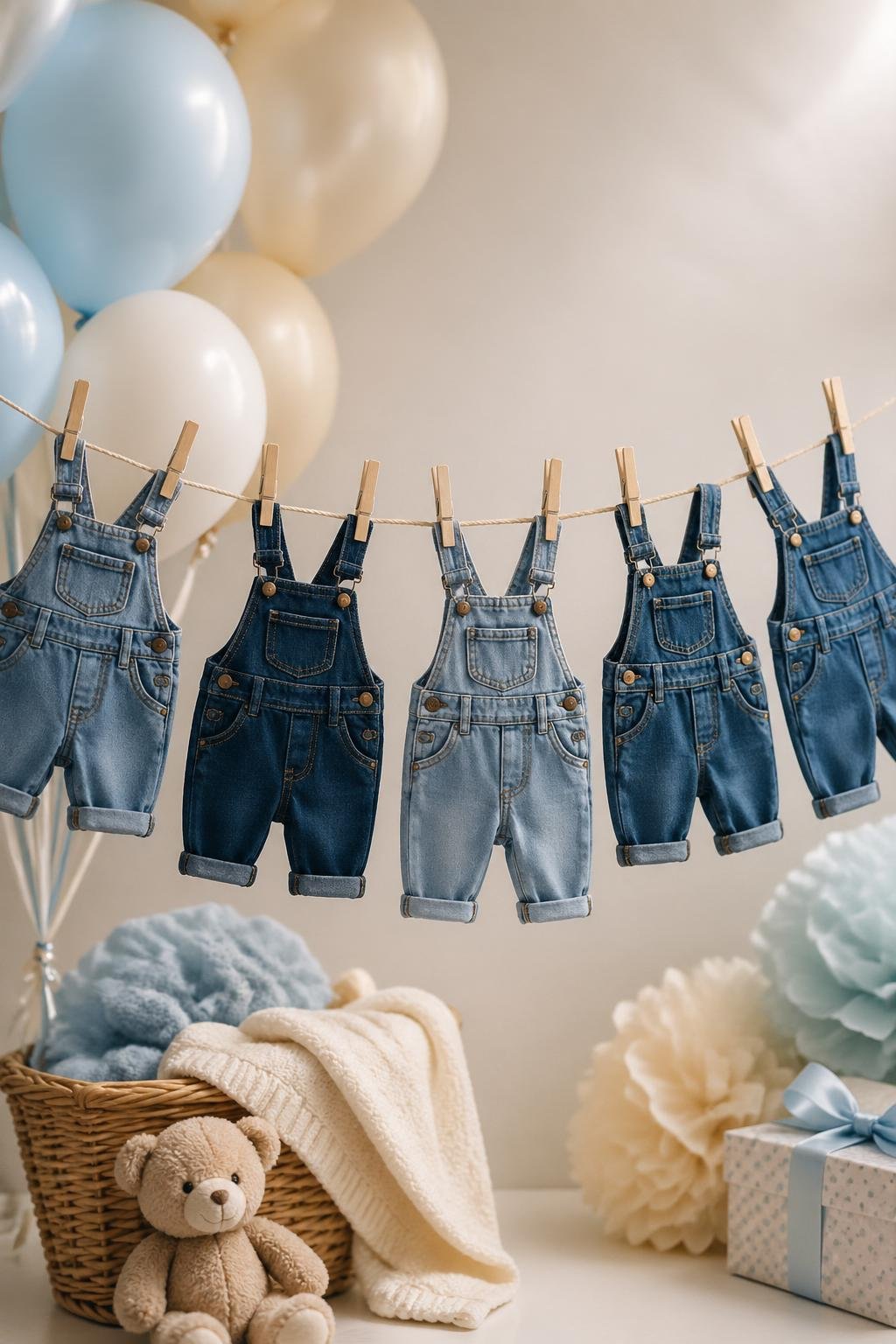 A clothesline displaying small denim baby overalls hanging against a neutral background with soft decorations around.