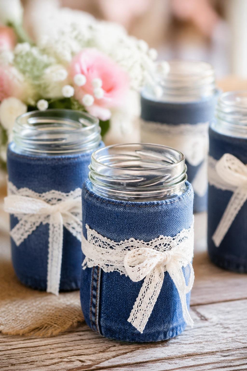 Several mason jars wrapped in denim and white lace ribbons arranged on a wooden surface.