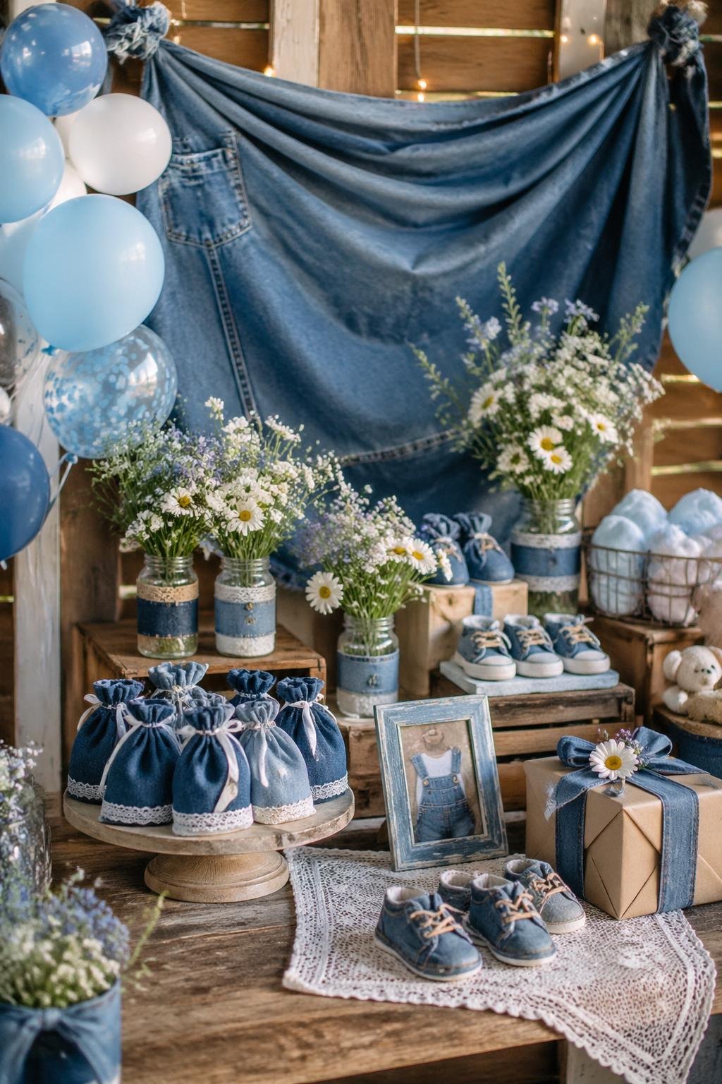 A baby shower setup featuring denim-themed decorations including a denim banner, baby booties, flowers, and balloons arranged on wooden tables.