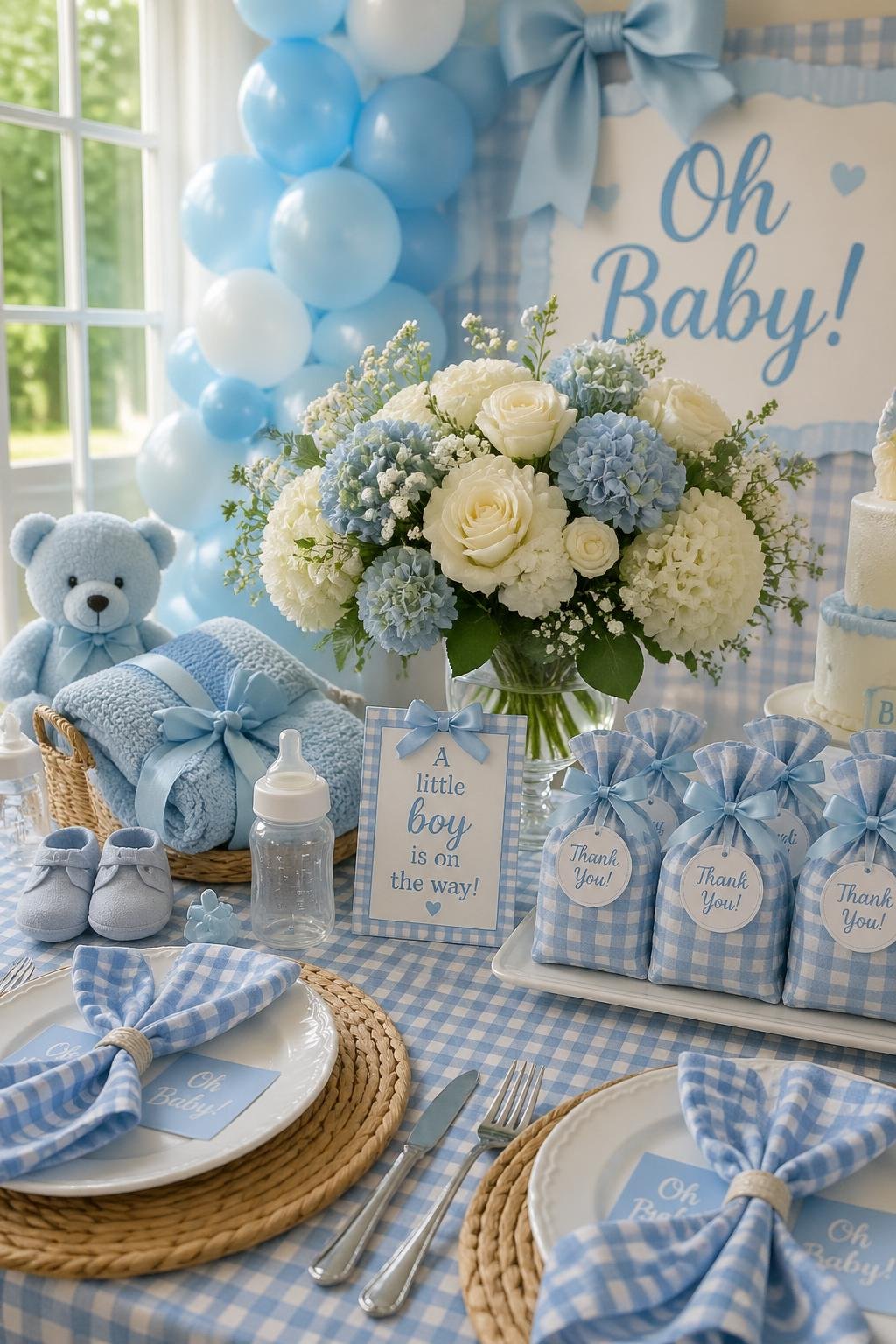 A baby shower setup with blue gingham decorations, balloons, flowers, and baby items arranged on a table.