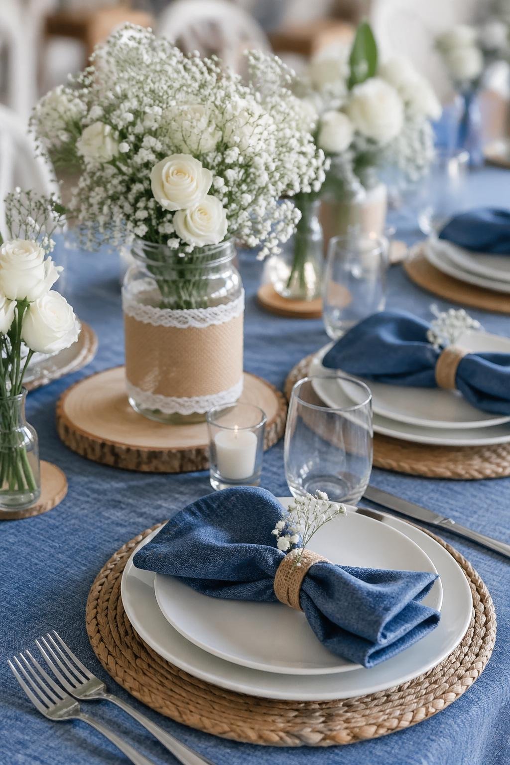 A table set with blue napkins, white plates, and white floral centerpieces on a denim-textured surface.