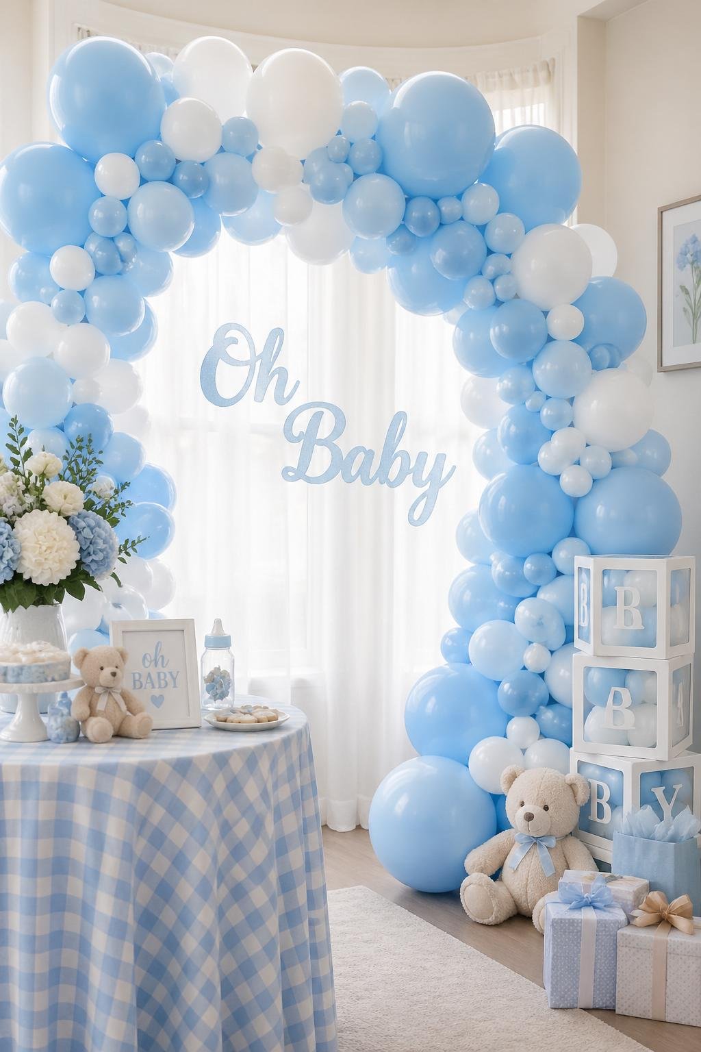 A baby shower scene with a balloon arch made of baby blue and white balloons and blue gingham patterned decorations.