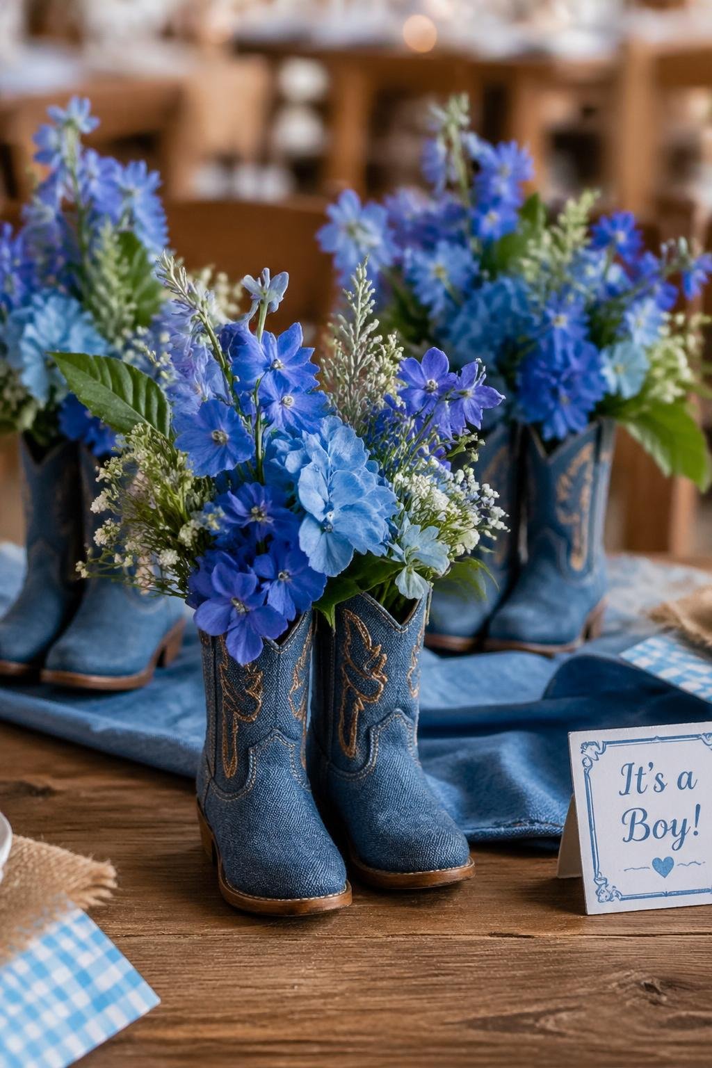 Cowboy boots filled with blue flowers arranged as centerpieces on a wooden table.
