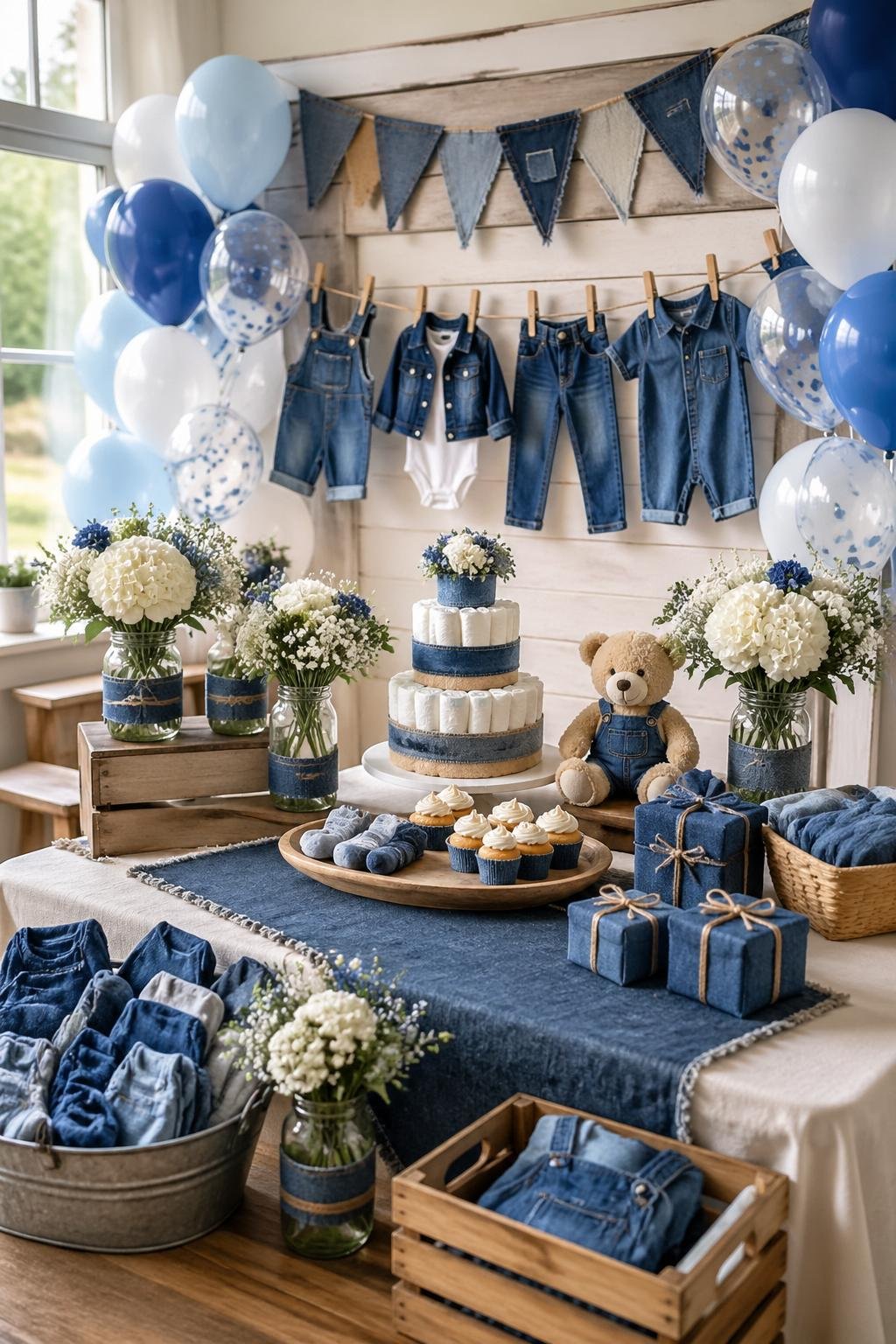 A baby shower scene decorated with denim-themed items including baby clothes, banners, balloons, flowers, and gift boxes on a table in a bright room.