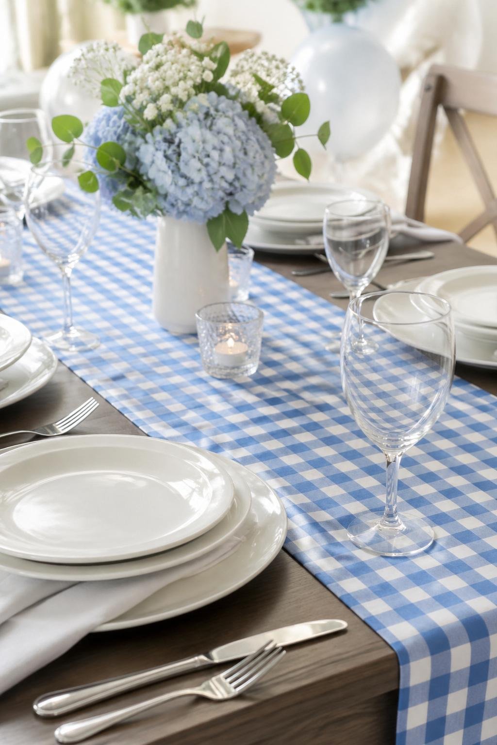 A table set with a blue gingham table runner and white stoneware plates arranged neatly for a gathering.