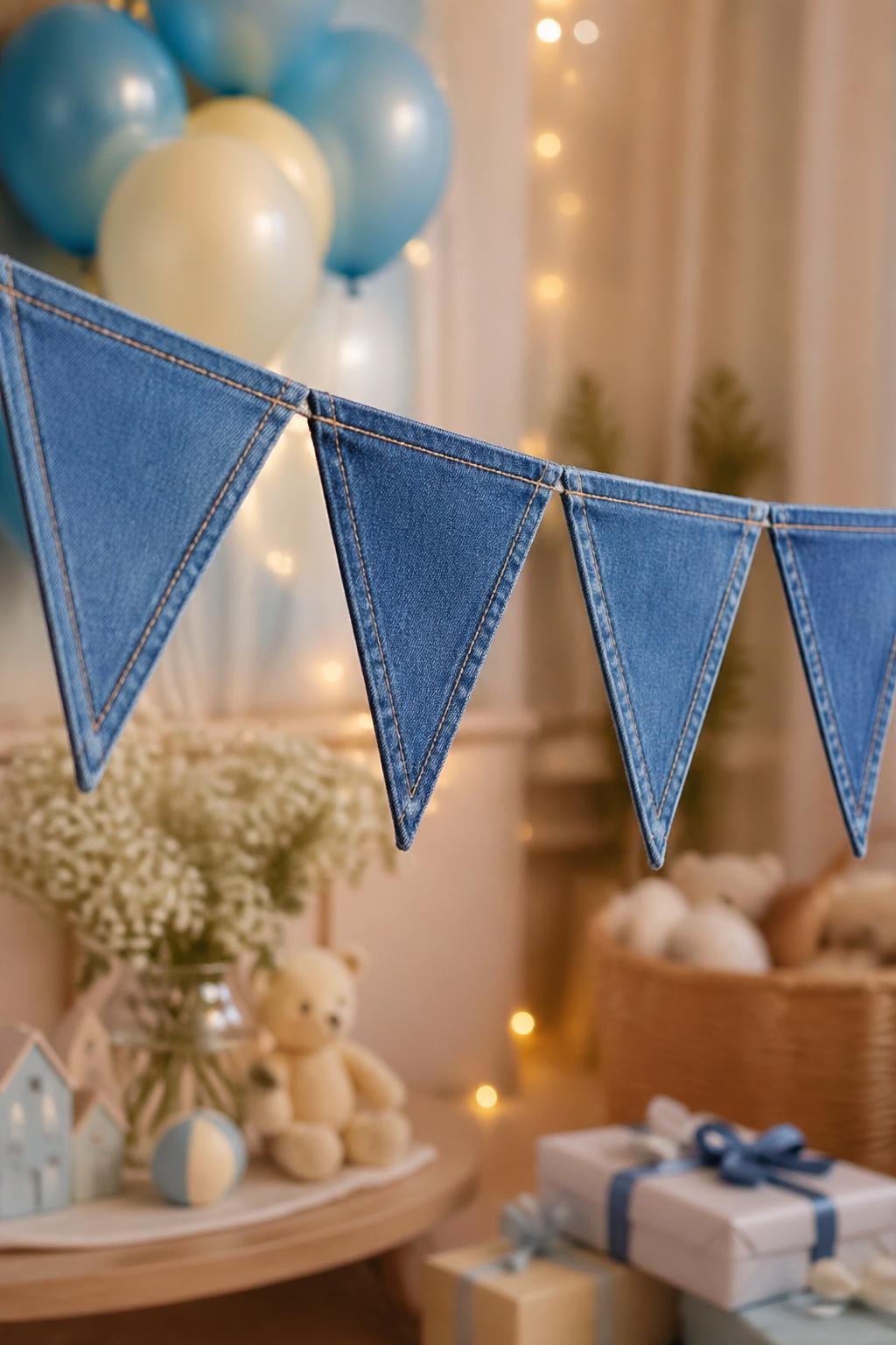 A denim triangular flag banner hanging indoors as part of baby shower decorations with balloons and soft lighting in the background.