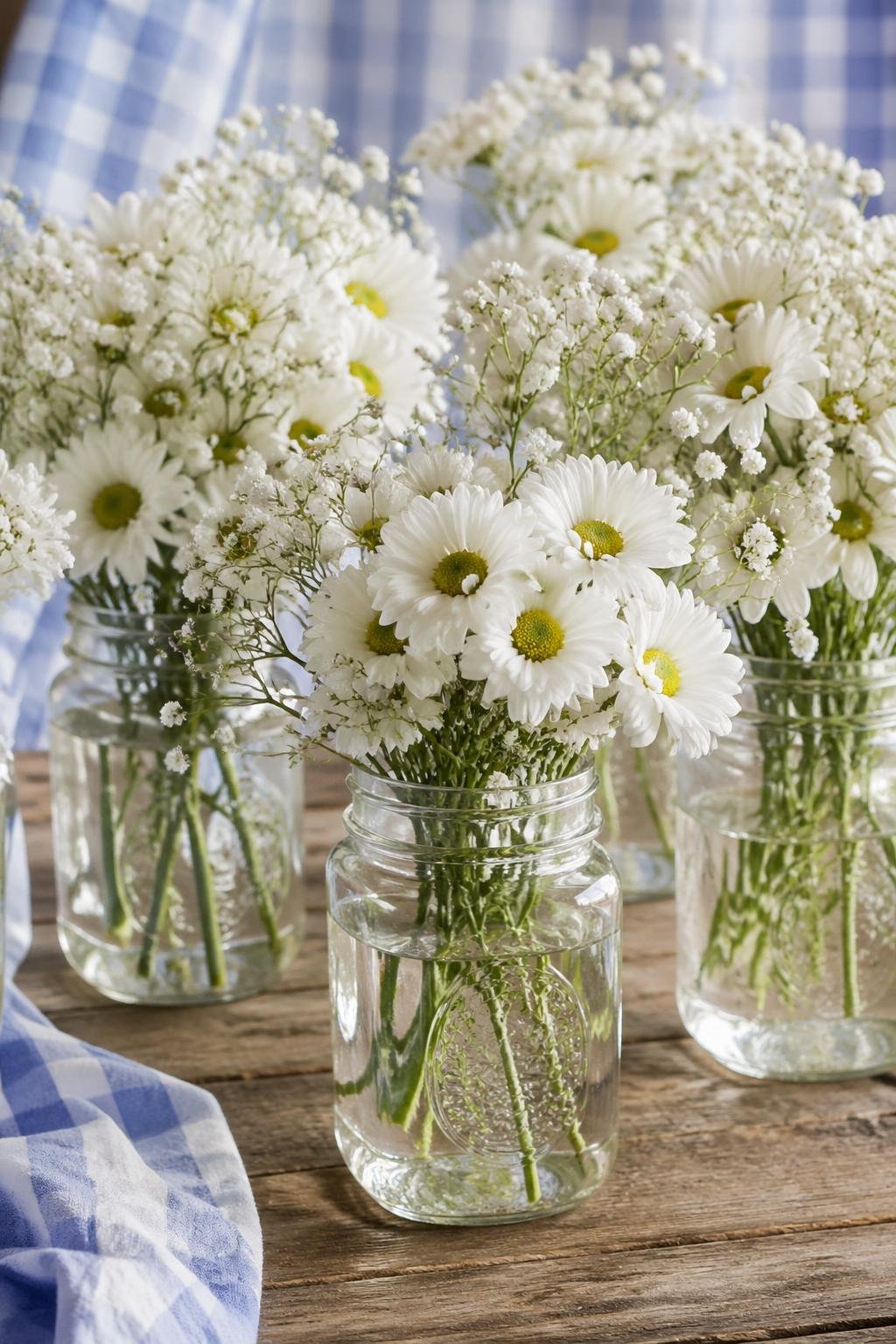 Mason jars filled with baby's breath and white daisies arranged on a wooden table with blue gingham fabric in the background.