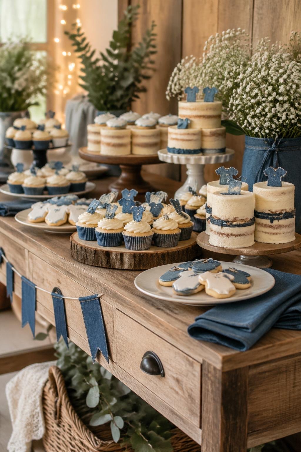 A wooden table with desserts decorated with blue fabric accents and small floral arrangements.