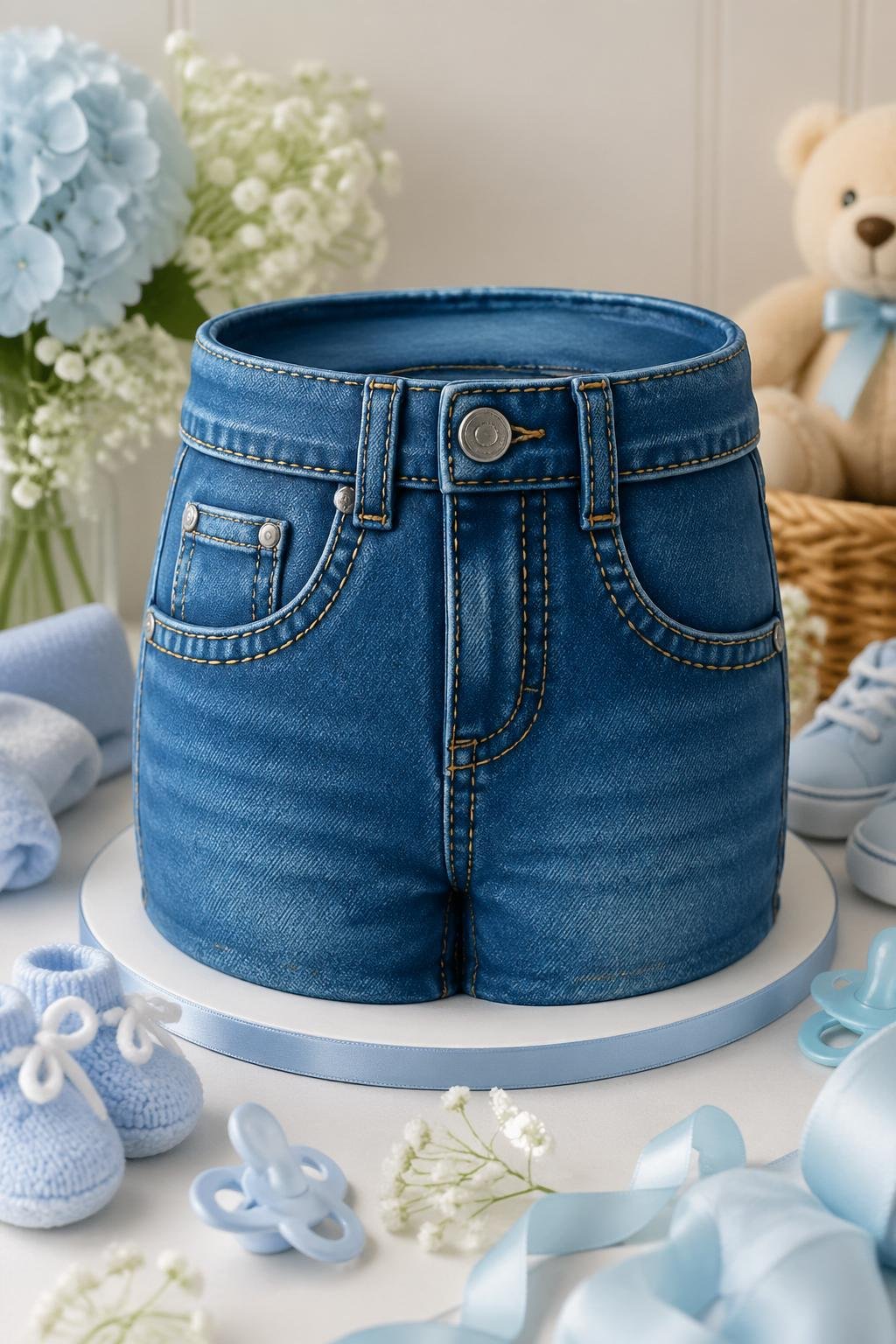 A blue denim baby shower cake with realistic stitching details surrounded by baby shower decorations.