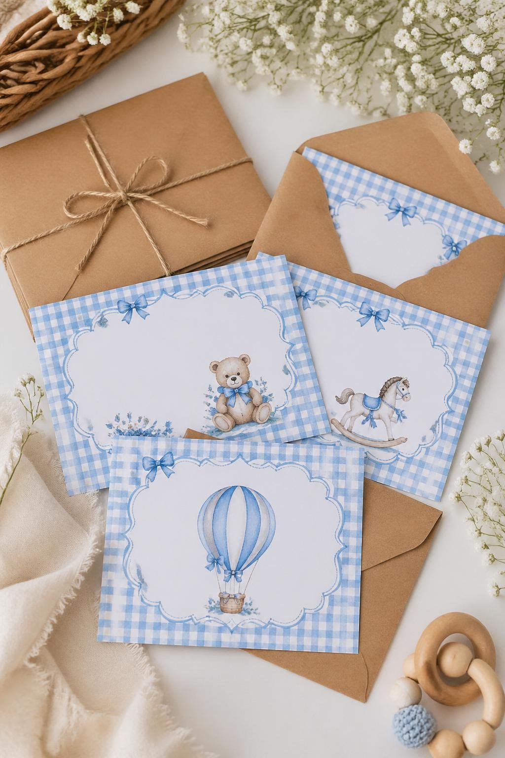 Blue gingham baby shower invitations arranged with kraft paper envelopes on a neutral background.