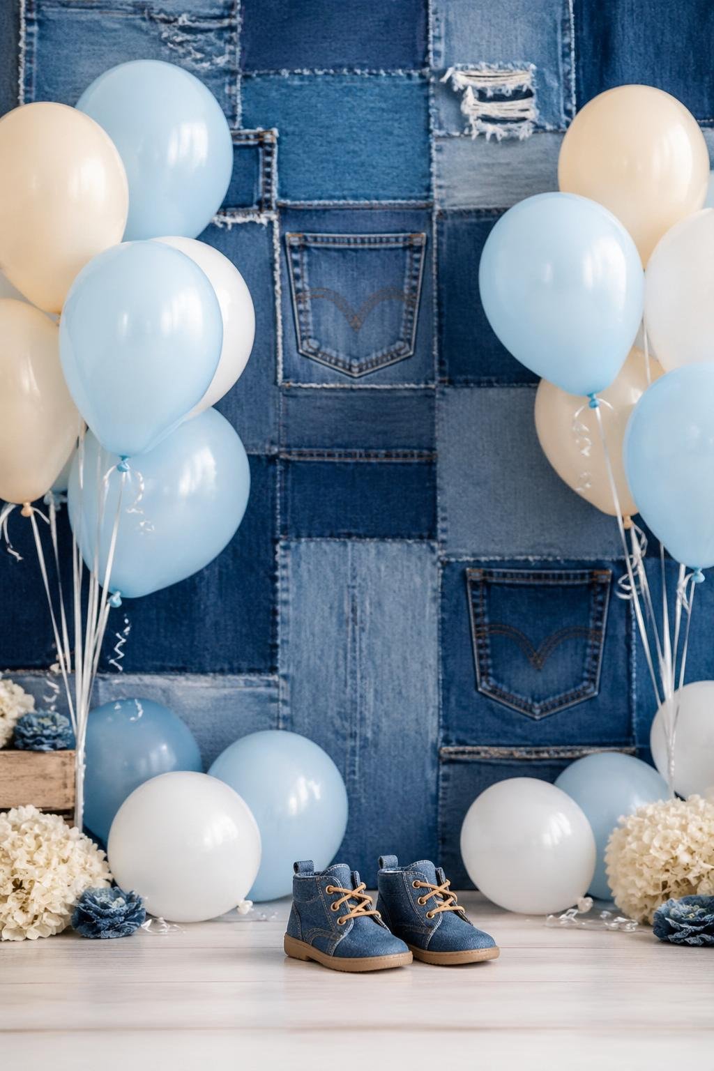 A denim fabric backdrop with pastel balloons and small denim baby boots arranged in front.