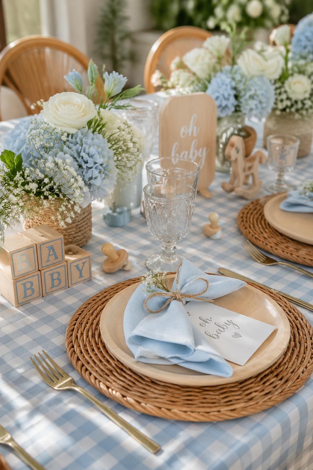 A table set with rattan chargers and light wood serving boards on a blue gingham tablecloth, decorated for a baby shower with flowers and small baby-themed items.