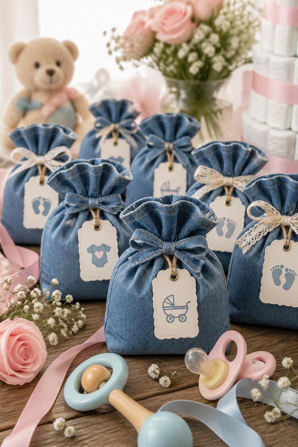 A group of small denim baby shower favor bags with decorative tags arranged on a wooden table surrounded by baby shower decorations and flowers.