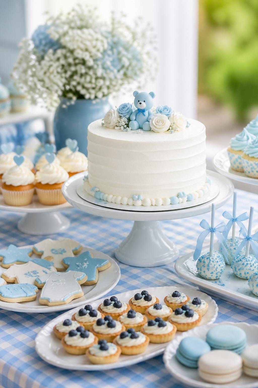 A dessert table with a blue gingham tablecloth and a white buttercream cake surrounded by cupcakes and cookies.