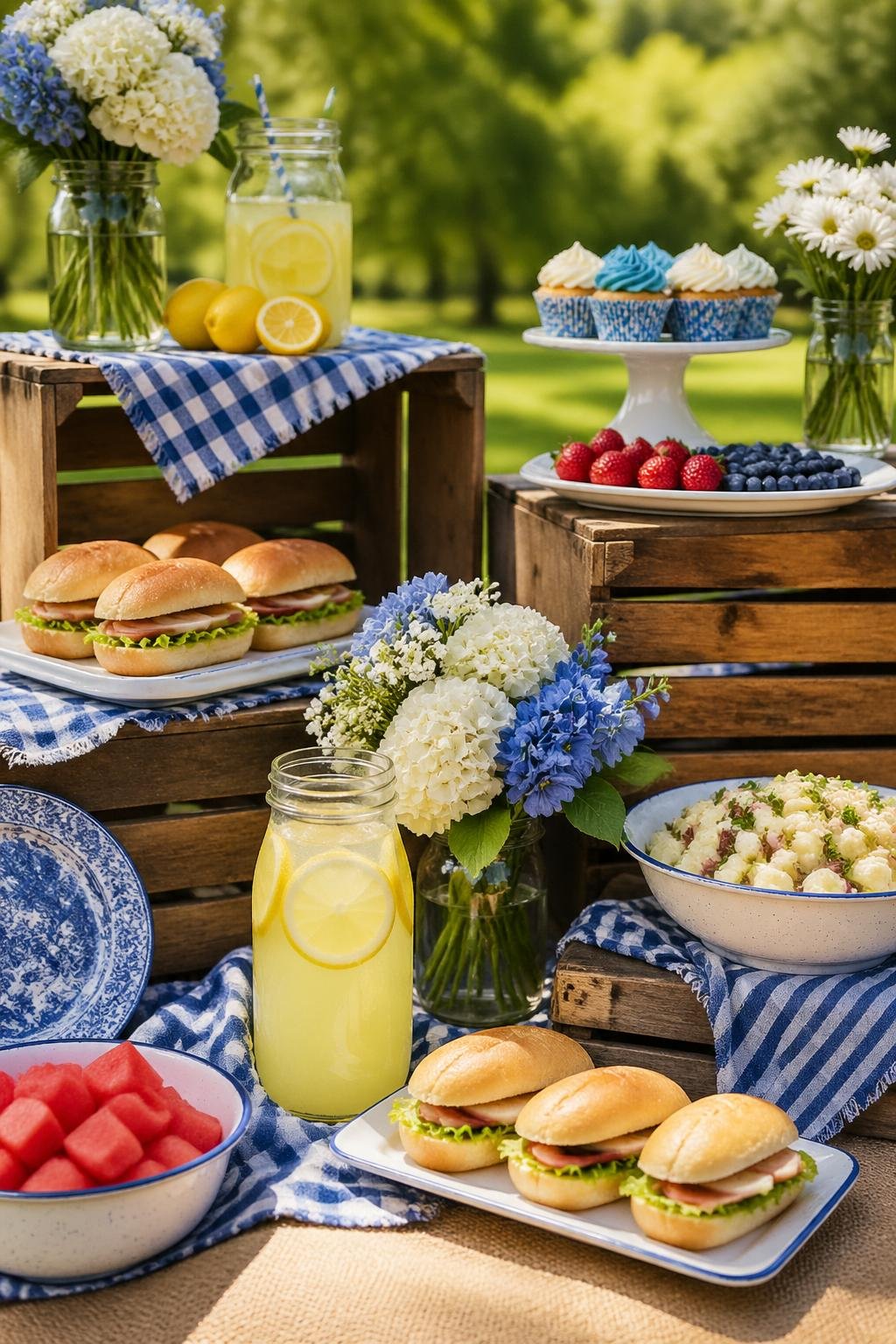 A picnic setup featuring wooden crates decorated with blue gingham fabric, fresh flowers, mason jars, and picnic foods arranged outdoors.