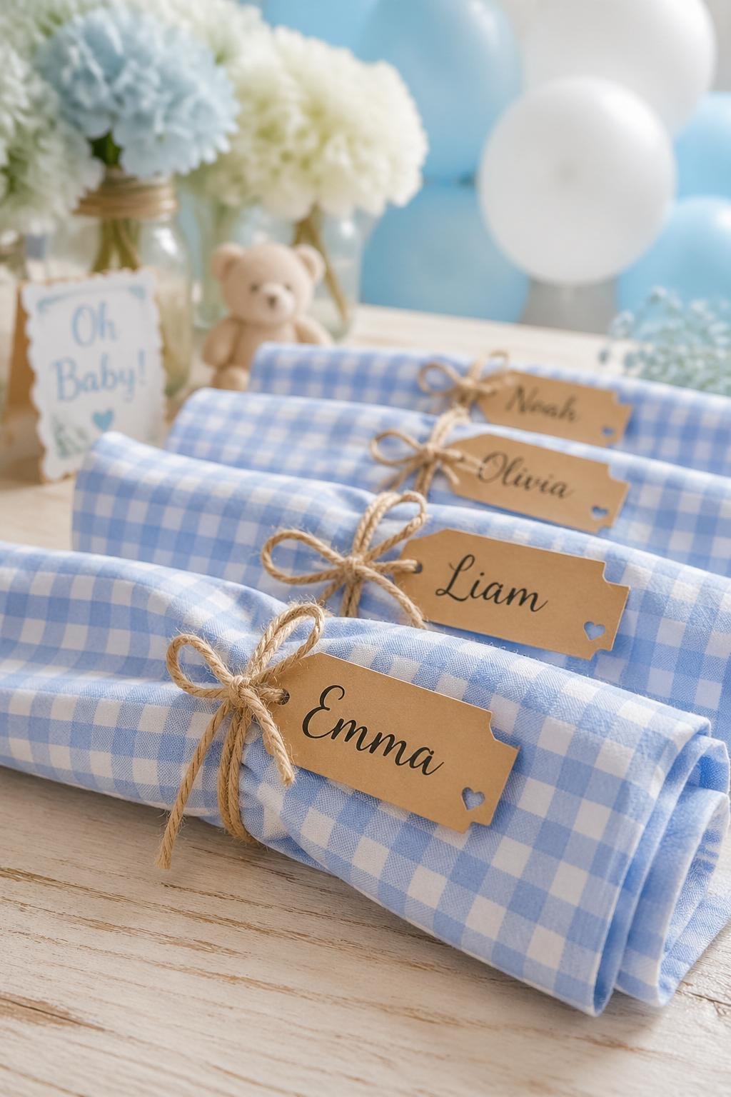 Close-up of blue gingham napkins tied with twine and small name tags on a wooden table with baby shower decorations in the background.