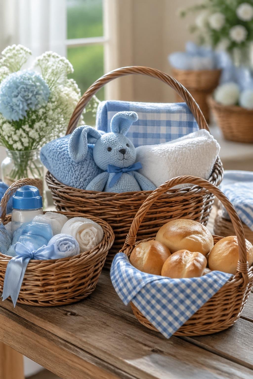 Wicker baskets on a wooden table filled with blue gingham blankets and bread rolls arranged for a baby shower.