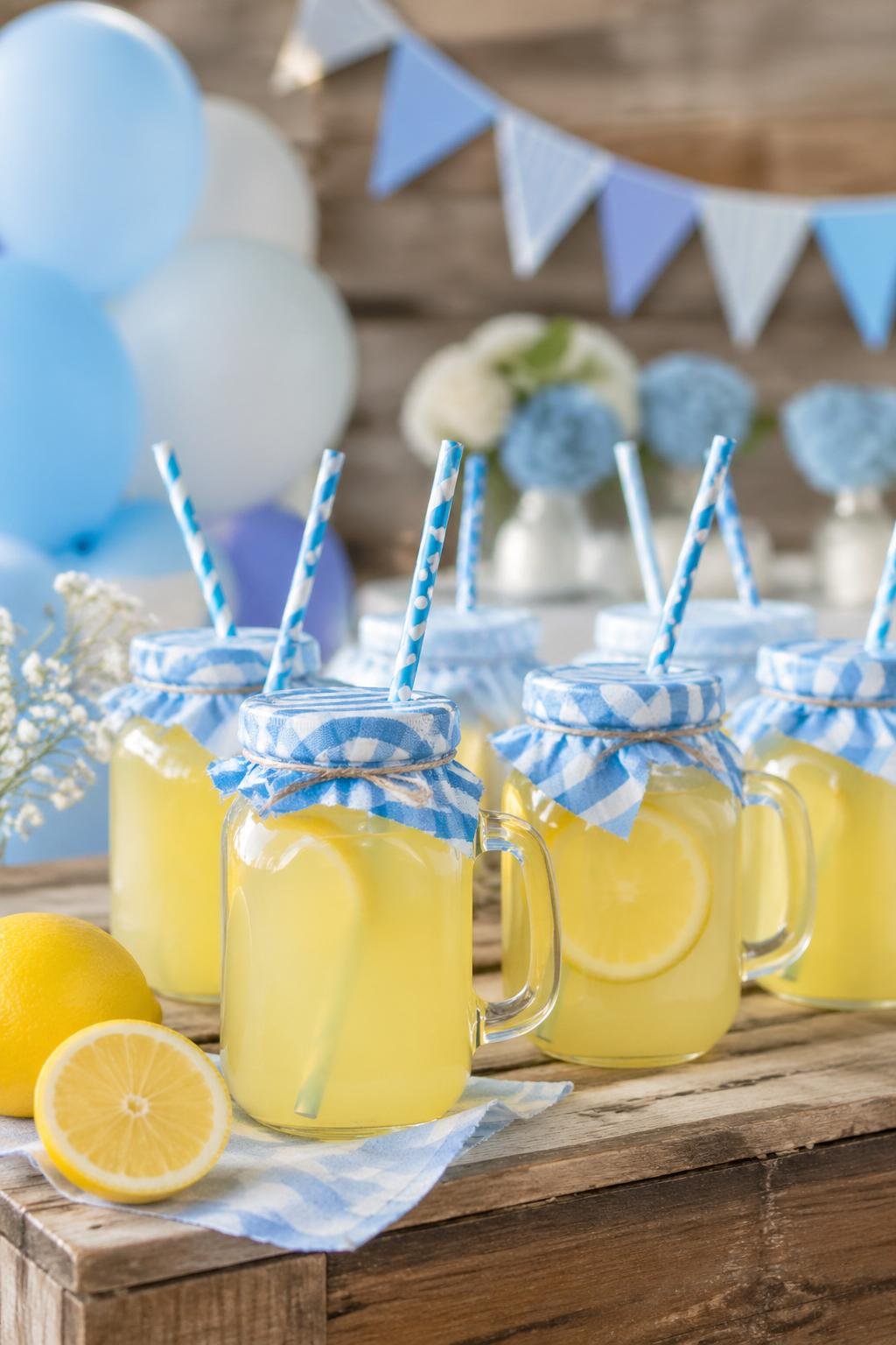 Mason jars filled with lemonade and blue paper straws arranged on a wooden table with baby shower decorations in the background.