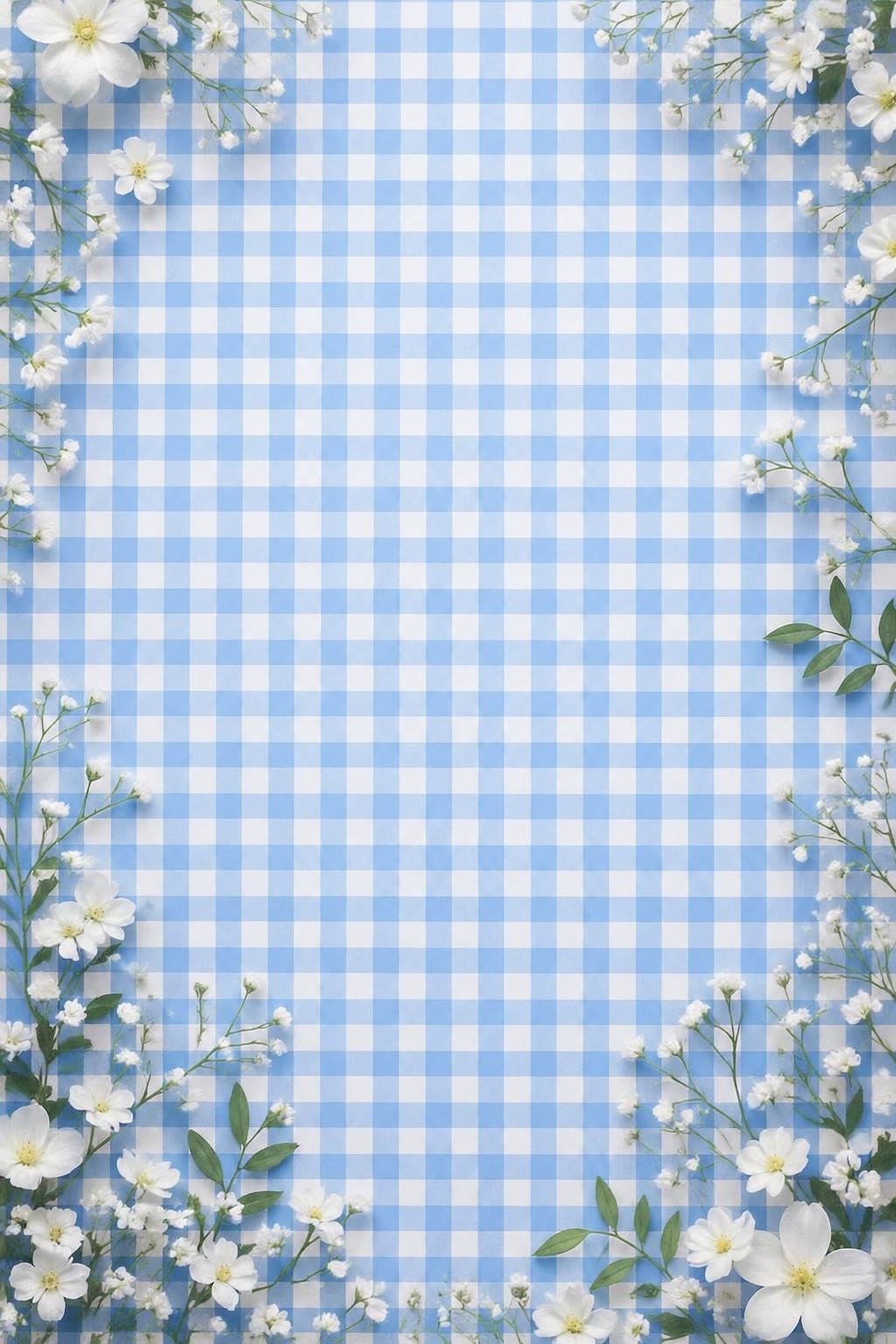 A blue gingham checkered backdrop decorated with white flowers around the edges.
