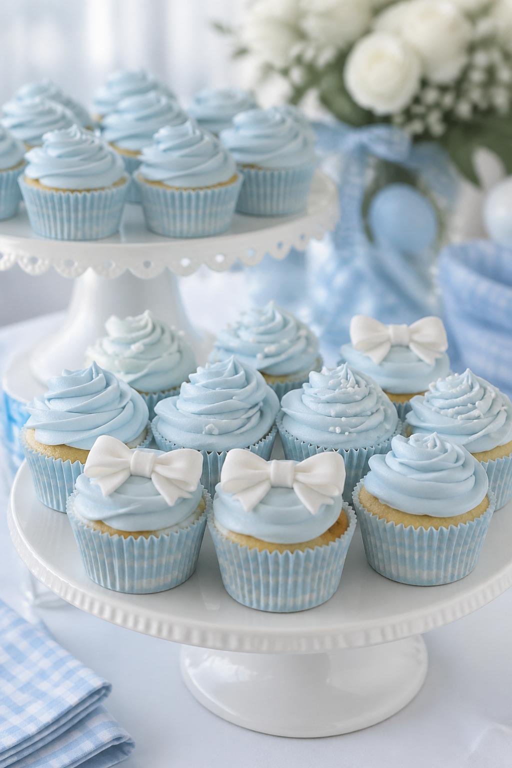 Baby blue cupcakes displayed on white cake stands with blue gingham decorations in the background.