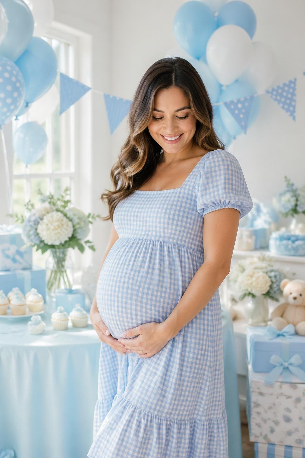 Pregnant woman in a blue gingham dress at a baby shower with blue and white decorations, gently holding her belly.