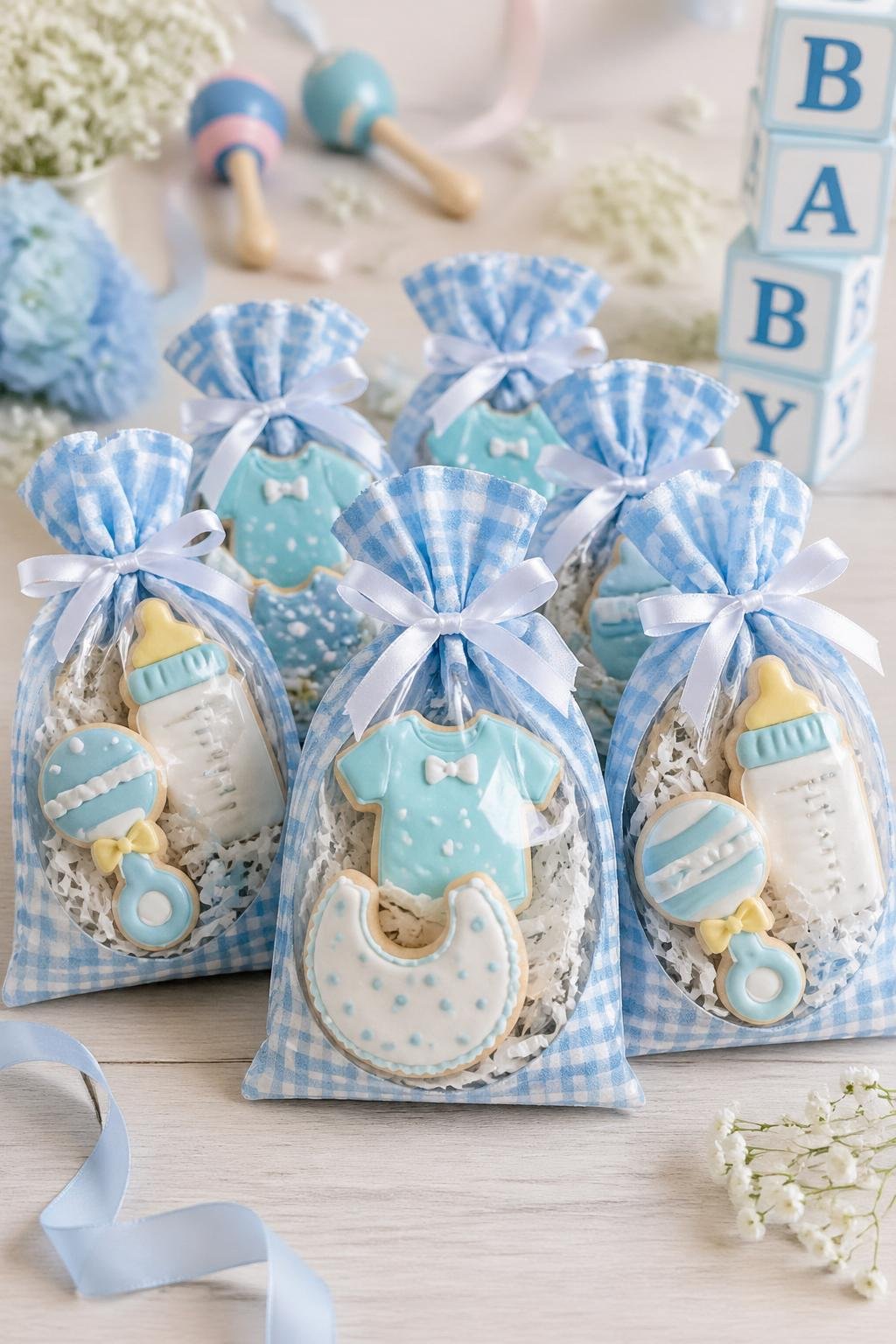 Blue gingham fabric favor bags filled with decorated sugar cookies arranged on a wooden surface with soft pastel baby shower decorations in the background.