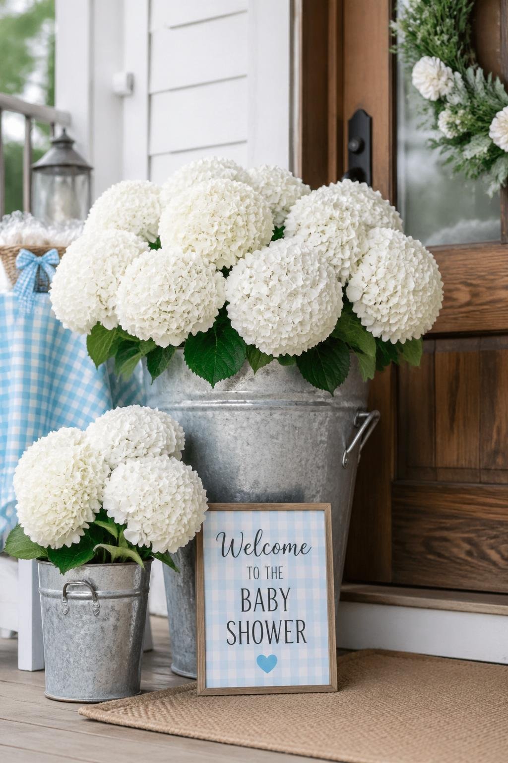 White hydrangeas arranged in metal buckets placed by a wooden entryway.