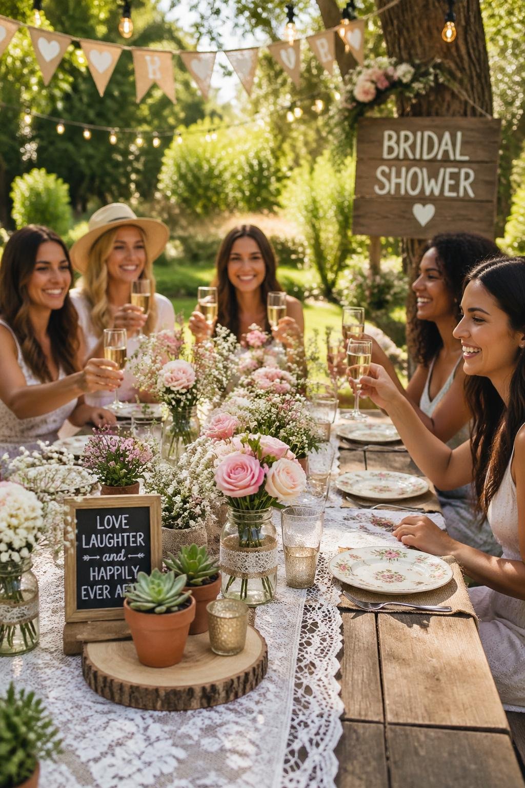 Outdoor bridal shower party with decorated wooden table, flowers, fairy lights, and guests enjoying the celebration.