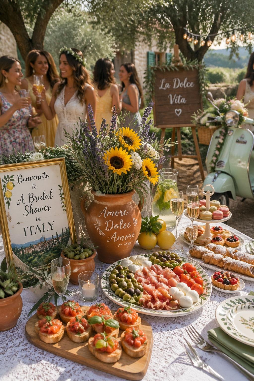 An outdoor bridal shower with guests enjoying Italian-themed decorations, food, and drinks around a rustic table in a garden.