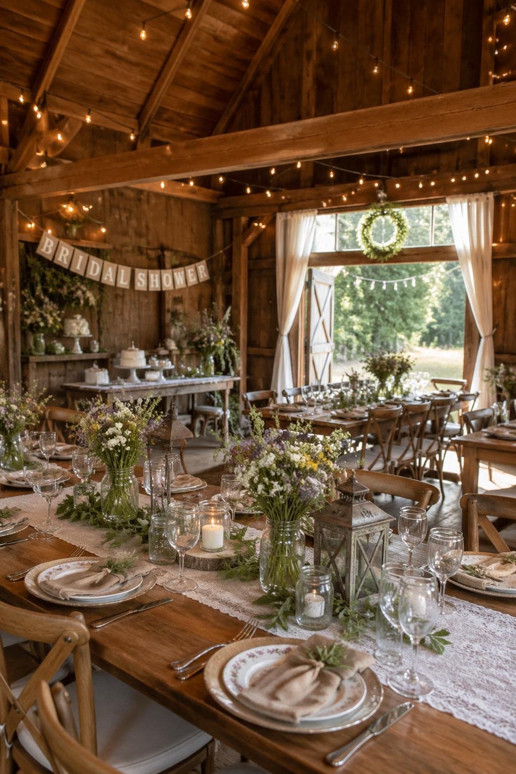 Interior of a rustic barn decorated with string lights and wooden beams, set up for a bridal shower with floral arrangements on wooden tables.