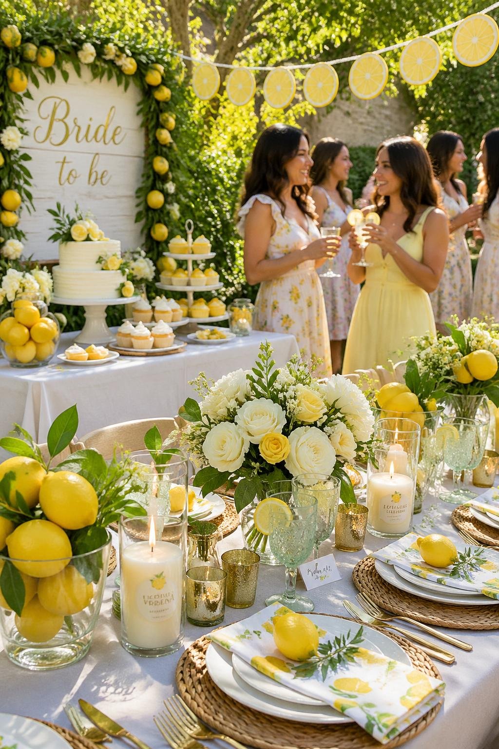 An outdoor bridal shower table decorated with lemons, flowers, candles, and lemon-themed treats, with guests enjoying the celebration in the background.