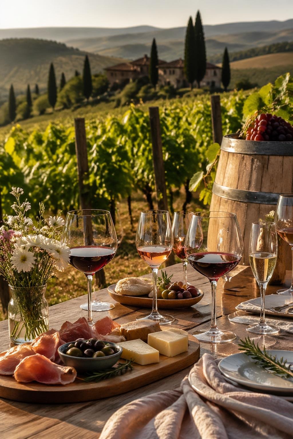 Outdoor Tuscan vineyard with a wooden table set for wine tasting, featuring glasses of Chianti, Barolo, and Prosecco, plates of Italian appetizers, and rolling hills in the background.