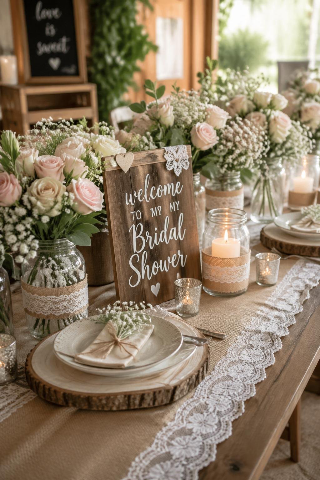 A wooden table decorated with burlap and lace runners, pastel flowers in jars, candles, and rustic tableware set for a bridal shower.