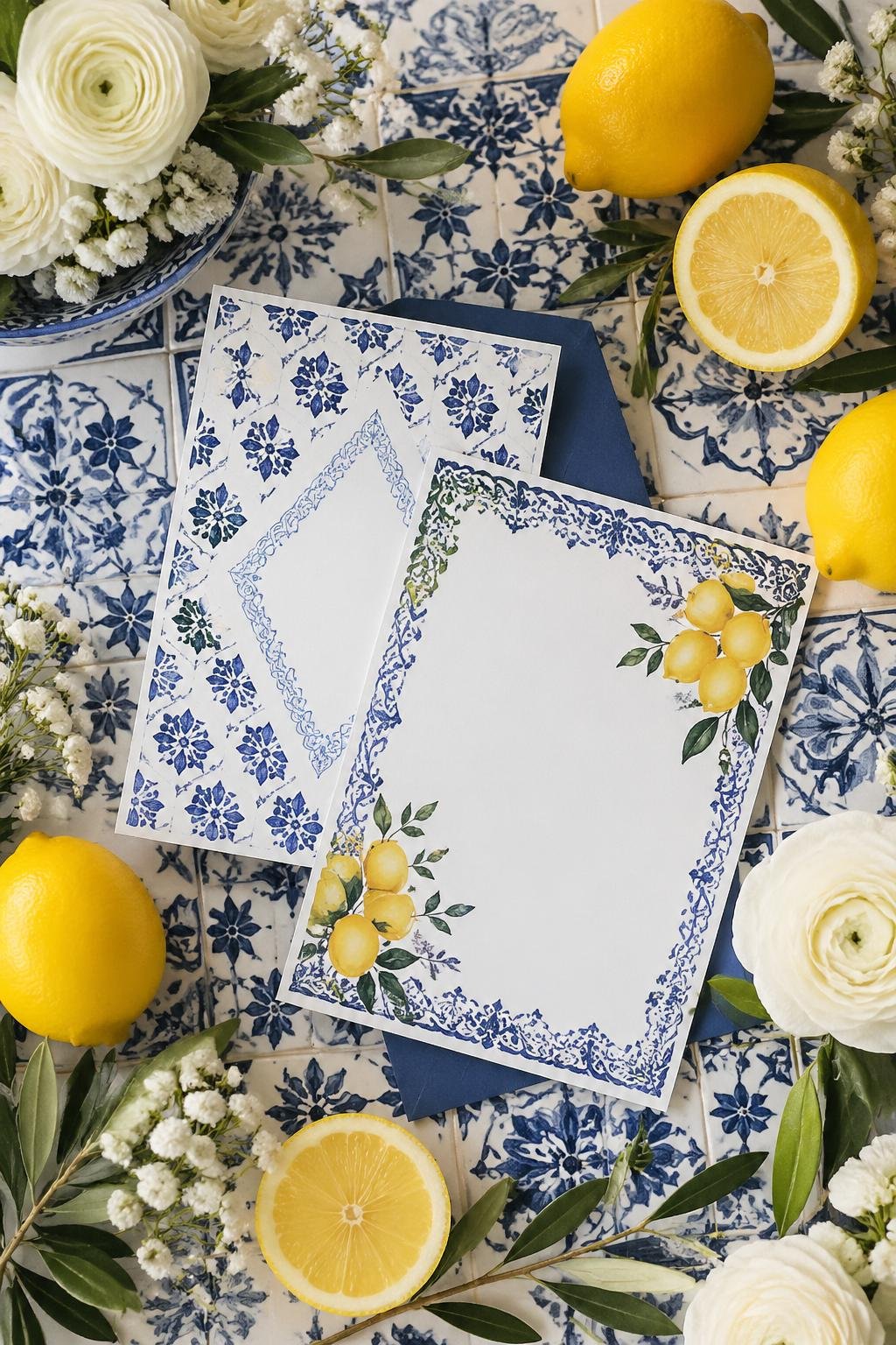 Flat lay of bridal shower invitations with blue tile patterns surrounded by fresh lemons, white flowers, and greenery.