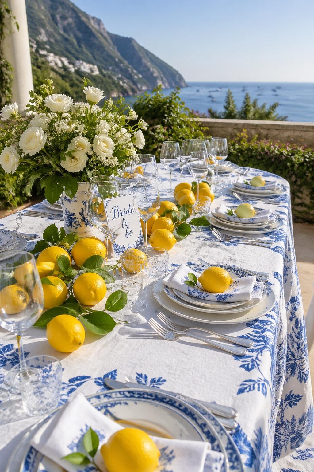 A table set outdoors with fresh lemons and blue and white linens overlooking the sea.