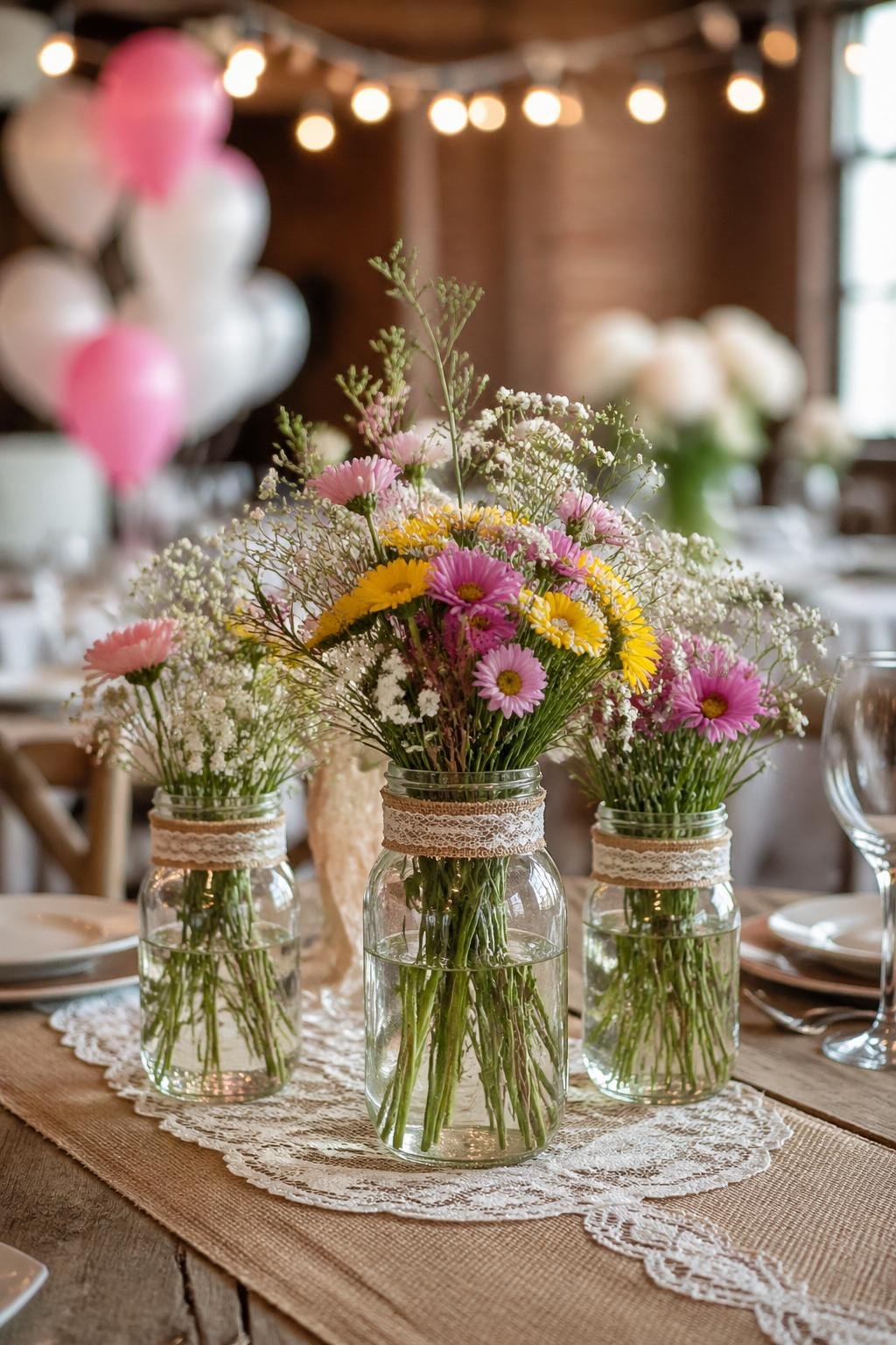 Mason jars filled with wildflowers and baby's breath arranged as centerpieces on a wooden table at a bridal shower party.