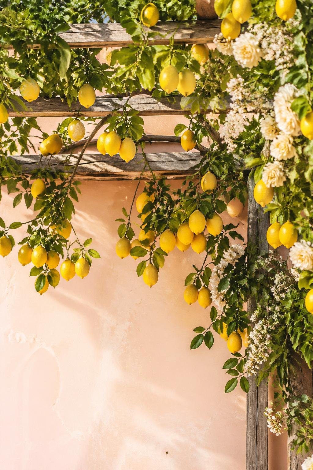A sunlit wooden trellis decorated with green leaves and bright yellow lemons against a pastel-colored wall.