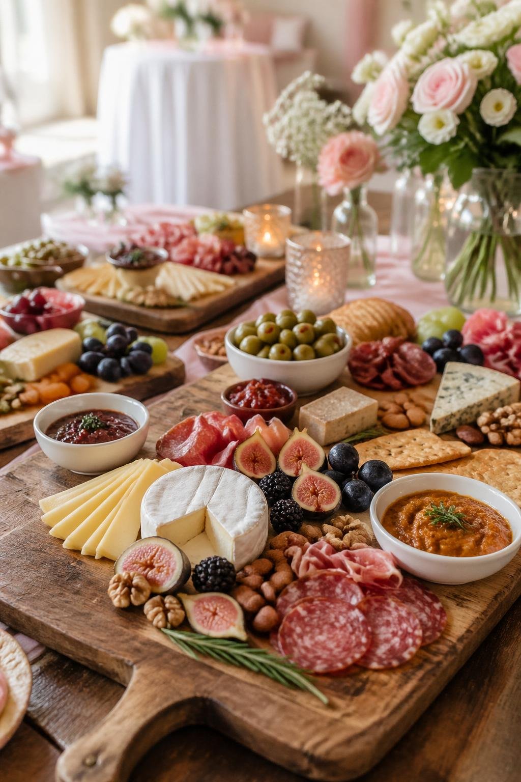 A variety of charcuterie boards with meats, cheeses, fruits, and nuts arranged on large wooden serving boards on a table.