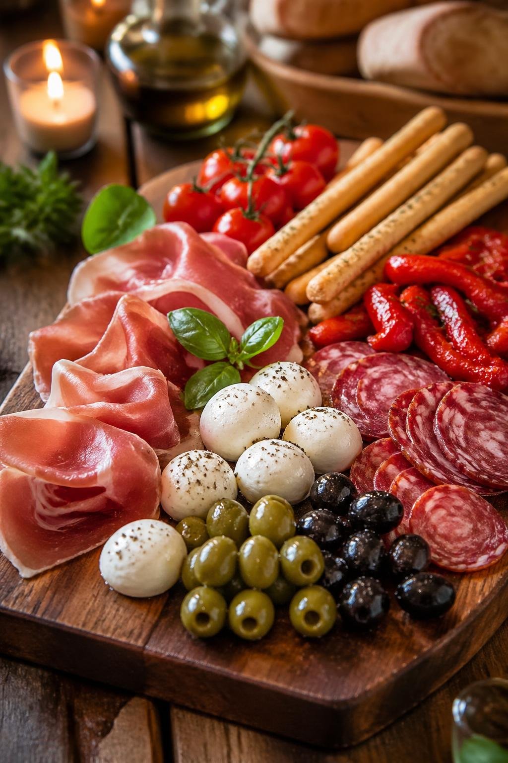 A wooden board with prosciutto, salami, mozzarella, olives, cherry tomatoes, basil, roasted peppers, and breadsticks arranged on a table.