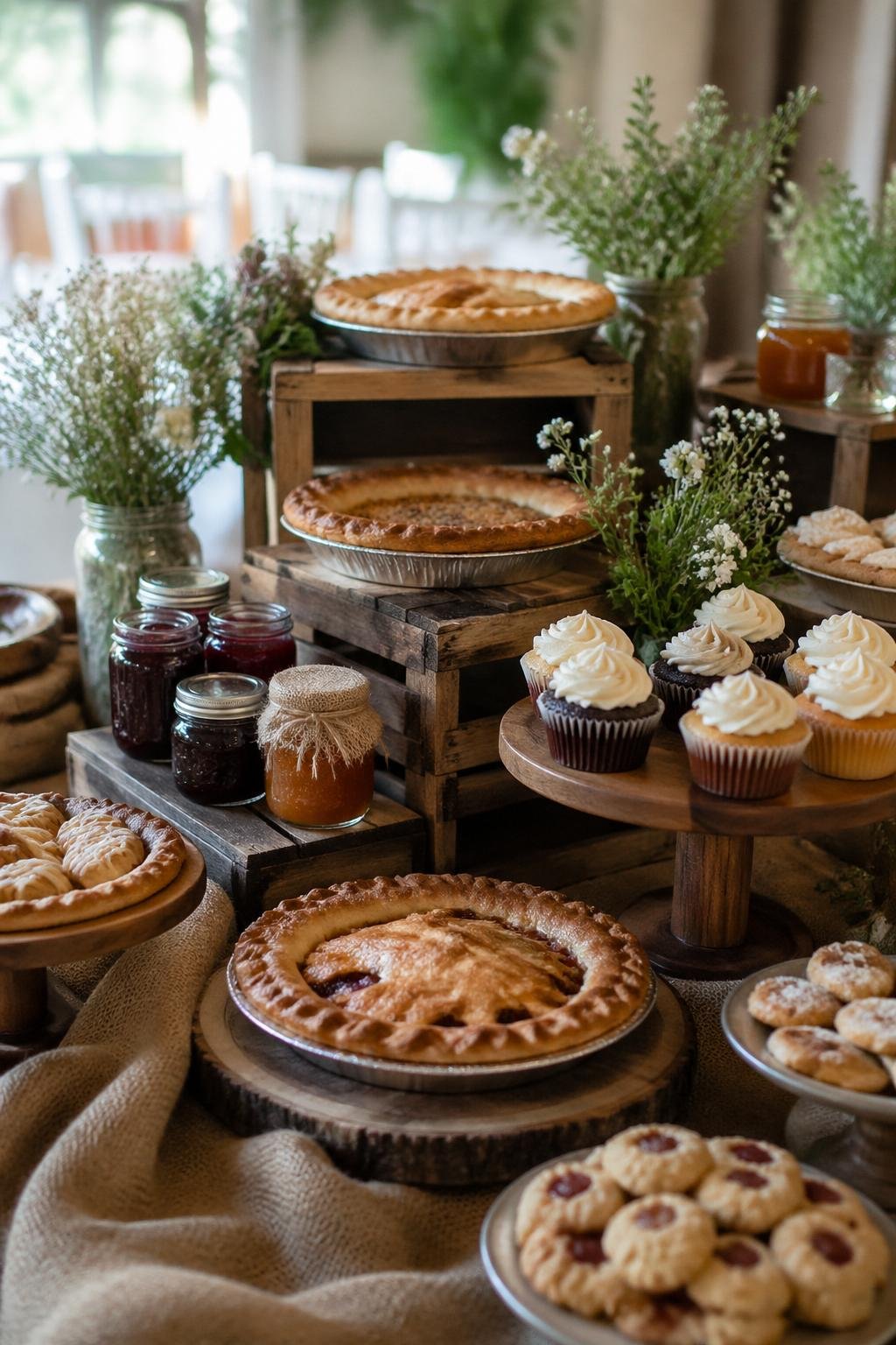 A wooden crate dessert station displaying various pies and rustic sweets arranged with natural decorations.