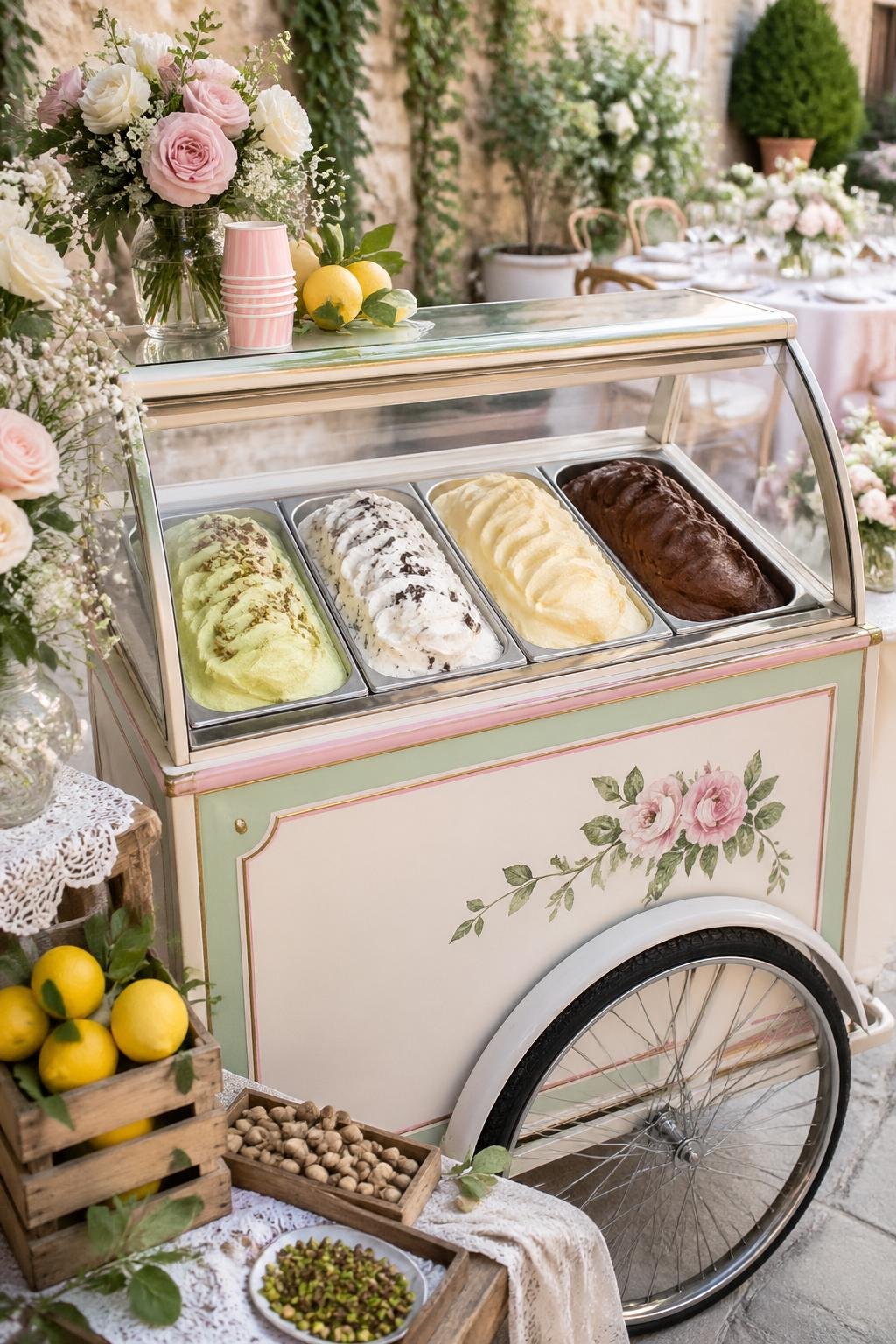 Gelato cart outdoors serving pistachio, stracciatella, lemon, and chocolate gelato with bridal shower decorations around it.