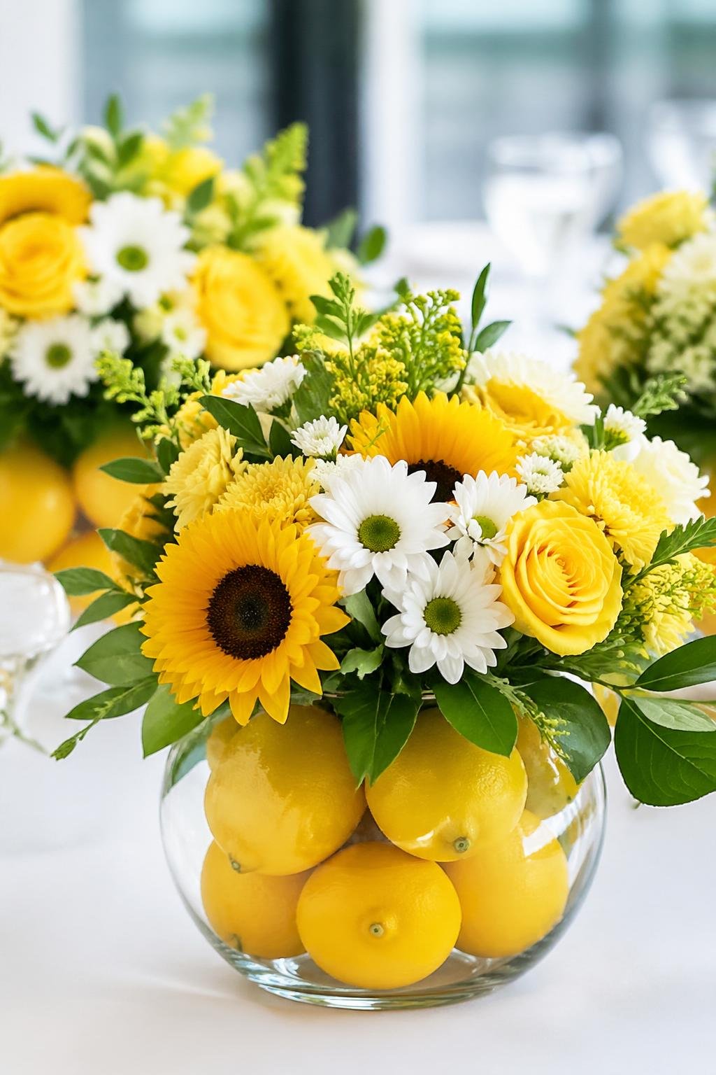 Clear glass bowls filled with fresh lemons and yellow flowers arranged as centerpieces on a white surface.
