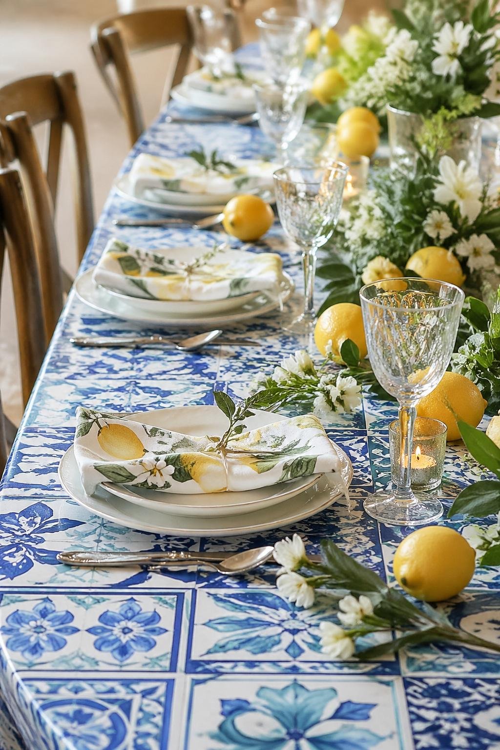 A bridal shower table set with blue and white patterned table linens, lemon print napkins, fresh lemons, and glassware in a bright, cheerful setting.
