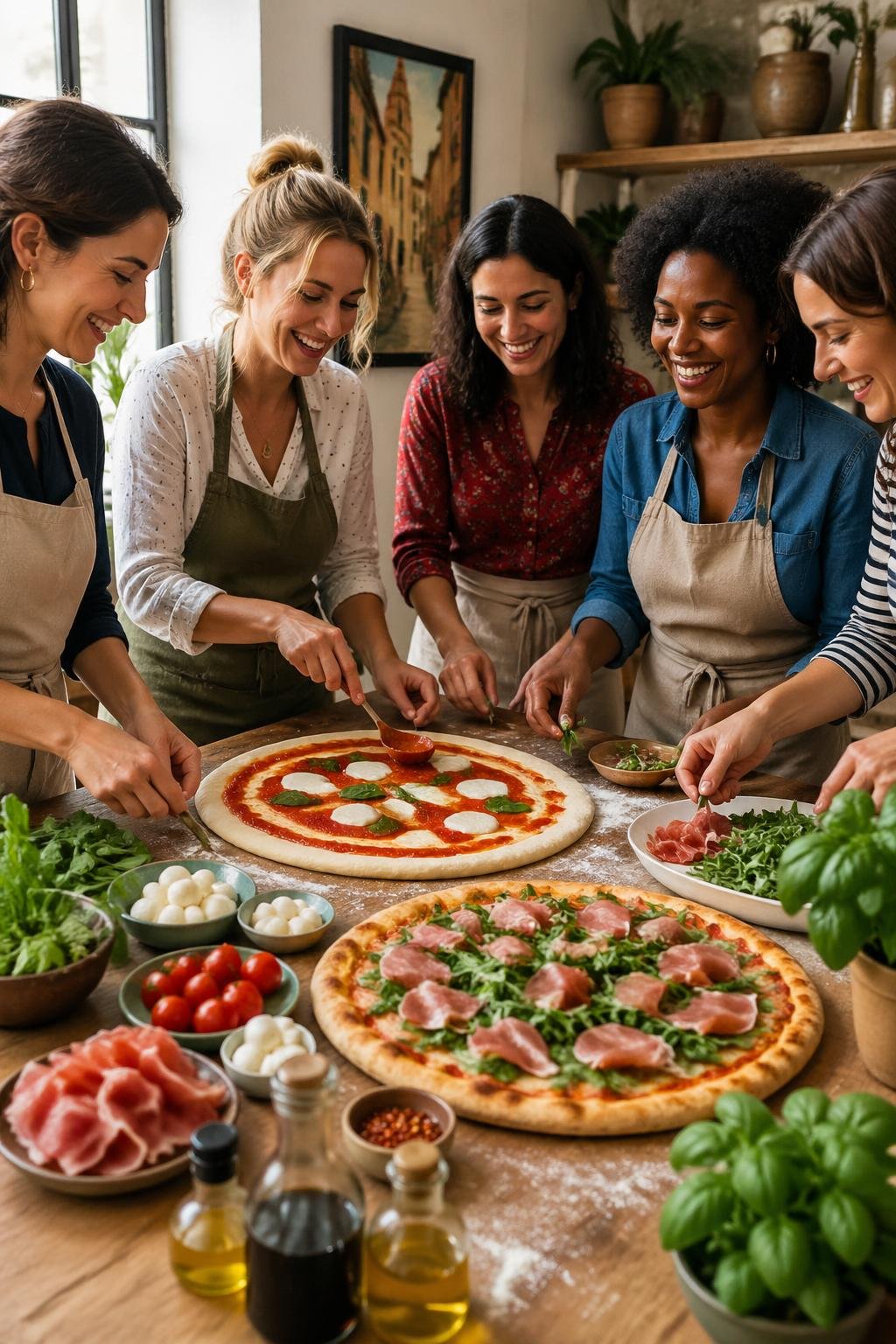 A group of women making pizzas together around a wooden table with fresh ingredients and two finished pizzas topped with basil and arugula.