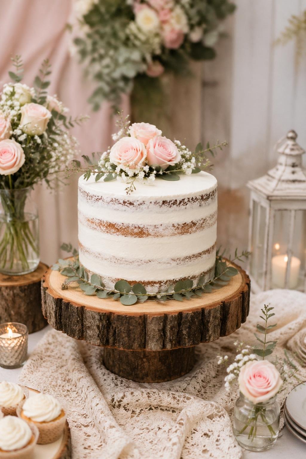 A rustic wooden tree slice cake stand holding a naked cake decorated with fresh flowers and greenery on a table with floral and bridal shower decorations.